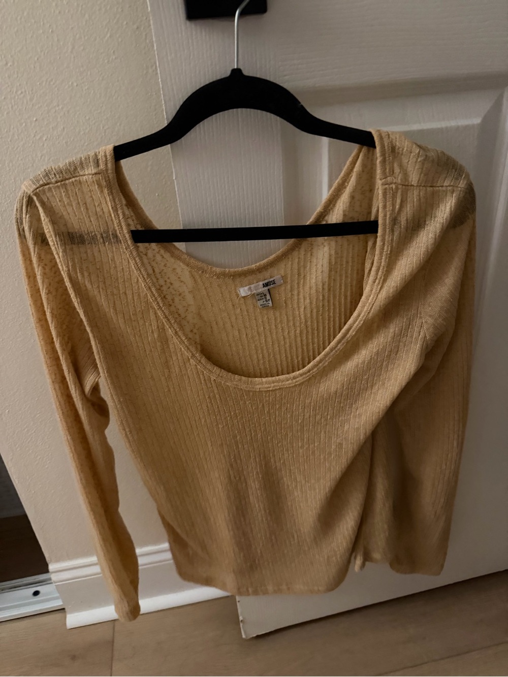 Amuse Society Ribbed Scoop Neck Long Sleeve Top - Light Tan